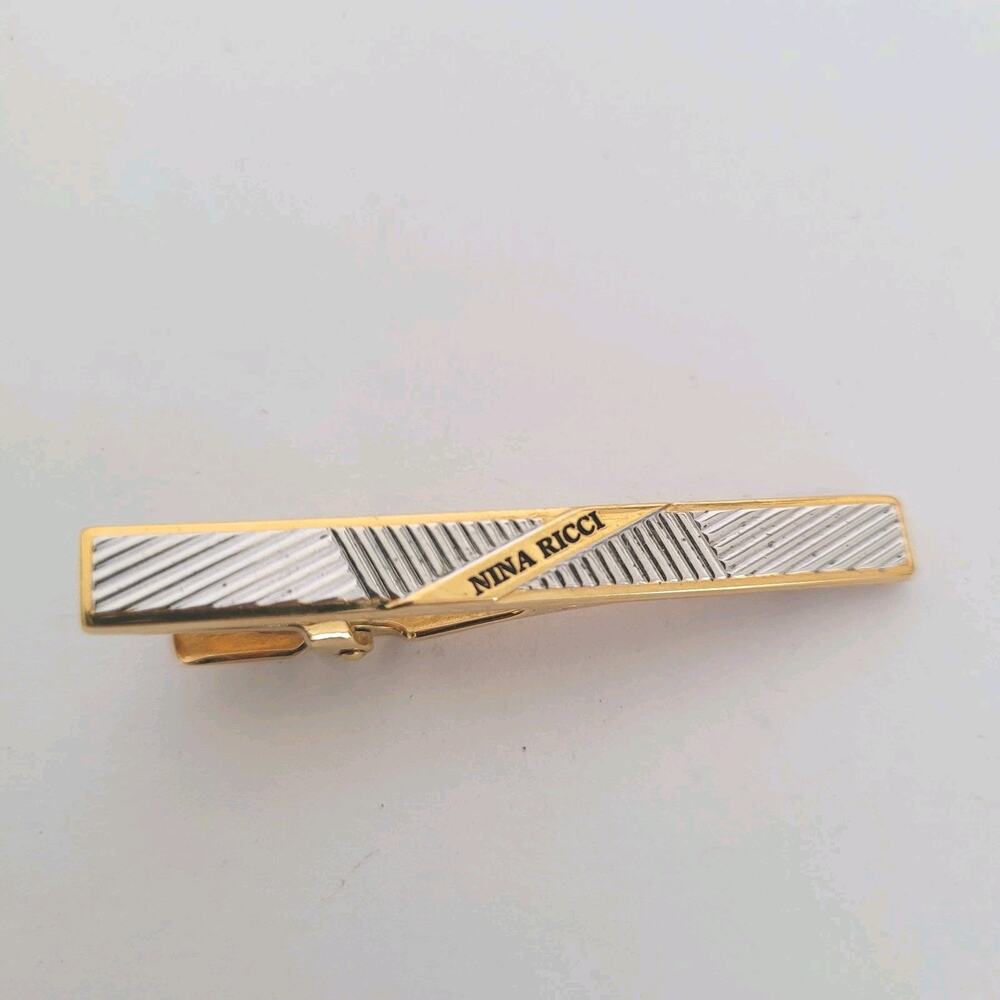 Nina Ricci Gold Silver Tone Tie Bar Clip 2 Inch Logo Vintage Geometric Clasp